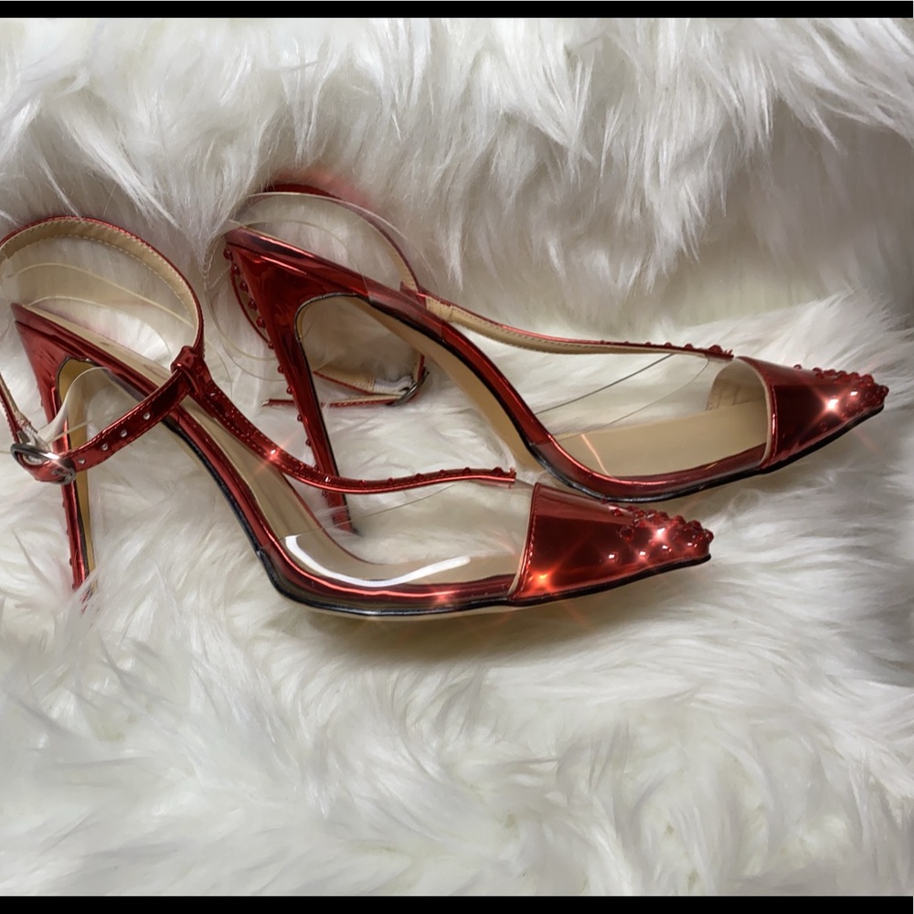 Red T Strap Mirror Leather Ankle Strap Heels